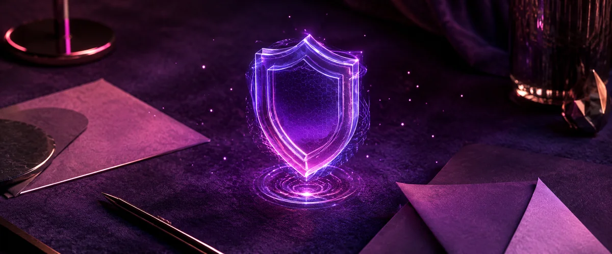 Glowing holographic security shield above a dark purple desk — representing the Pulsz Casino KYC verification step