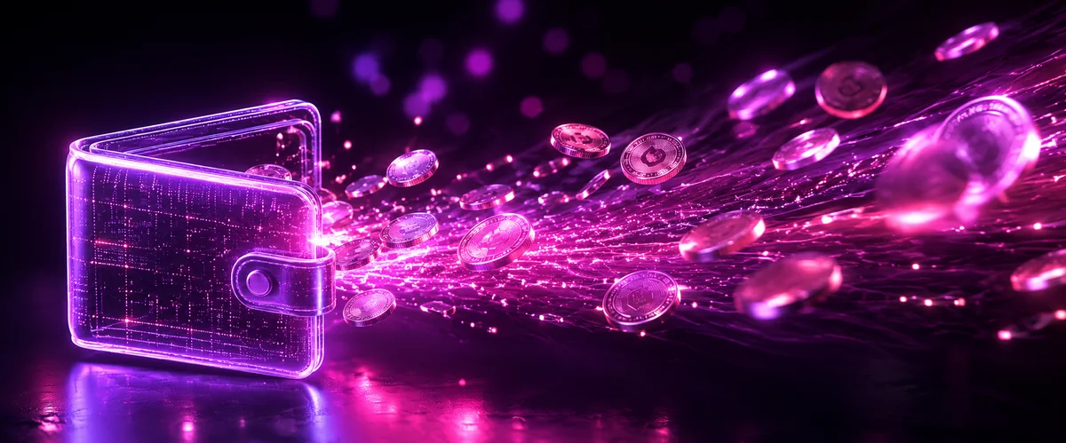 Stream of luminous Pulsz Sweeps Coins flowing from a digital wallet icon through a magenta neon transfer beam — the Skrill 24-hour redemption route