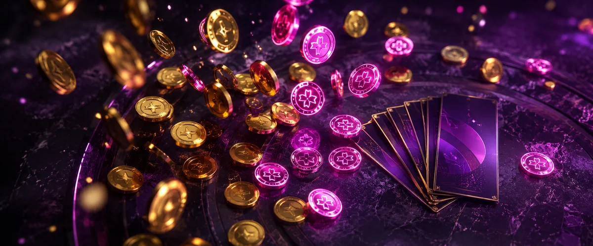 Cascade of Pulsz Casino Gold Coins and Sweeps Coins raining onto a neon platform during the daily bonus claim