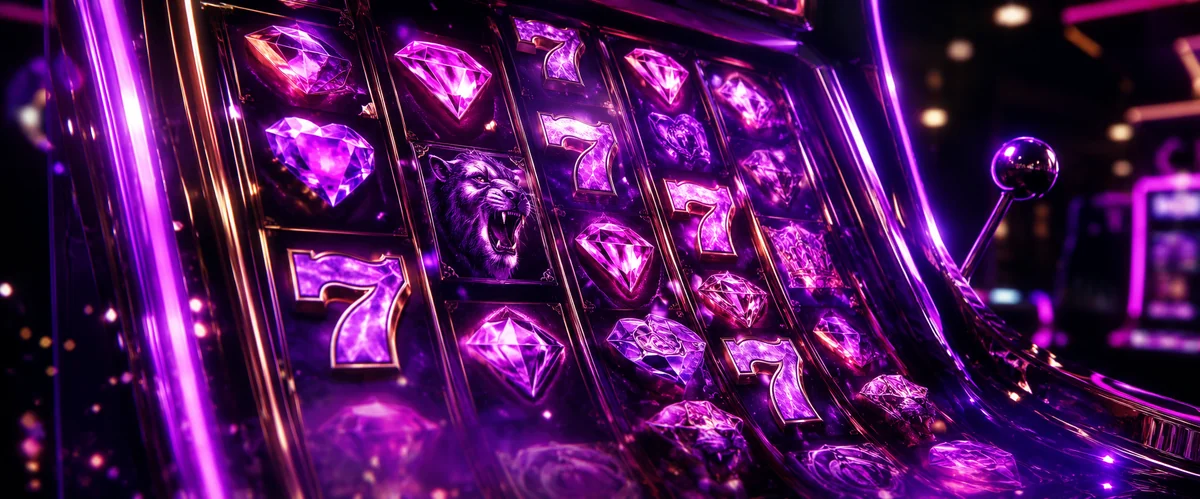 Megaways slot reel cascading purple and magenta neon symbols on a Pulsz Casino test session