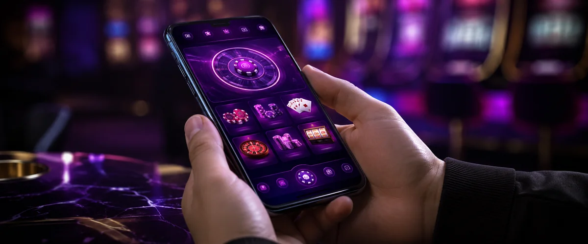 Hand holding a smartphone displaying the Pulsz Casino app interface with glowing magenta accents