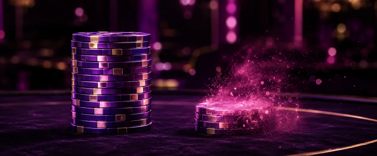 Two contrasting stacks of glowing purple Pulsz Casino chips — balanced bankroll discipline versus aggressive risk fading into magenta haze